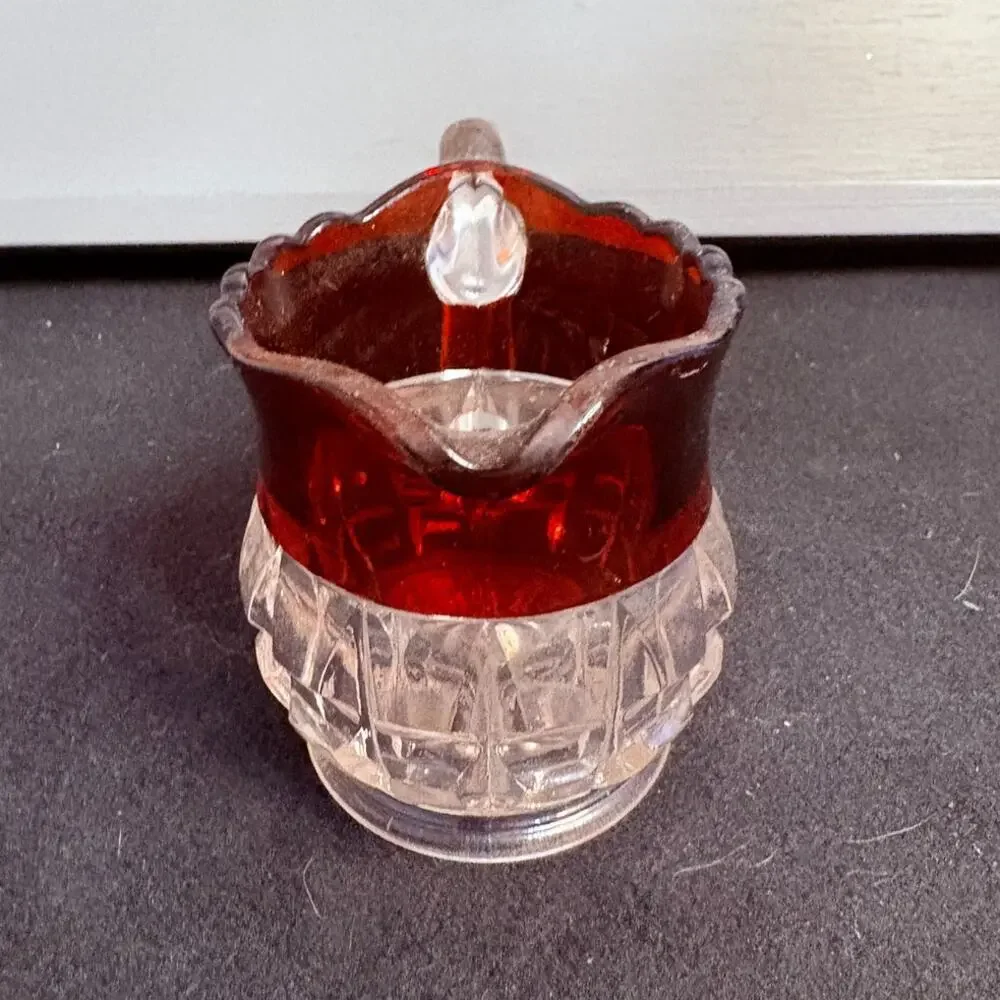 Vintage Cranberry Glass Creamer | Ruby Flash Over Clear Pressed Glass
